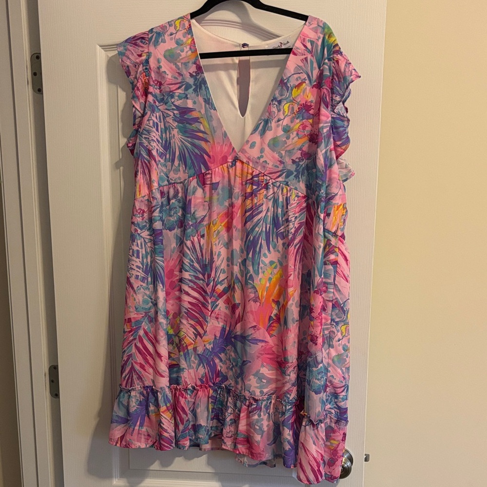 Tropical Pink V-Neck Ruffle Mini Dress